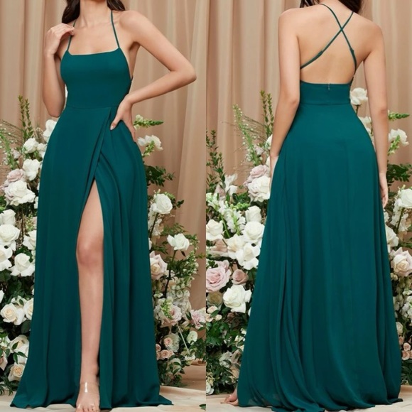 Luxe dusty blue crisscross back slit thigh party bridesmaids formal maxi dress - Picture 10 of 16
